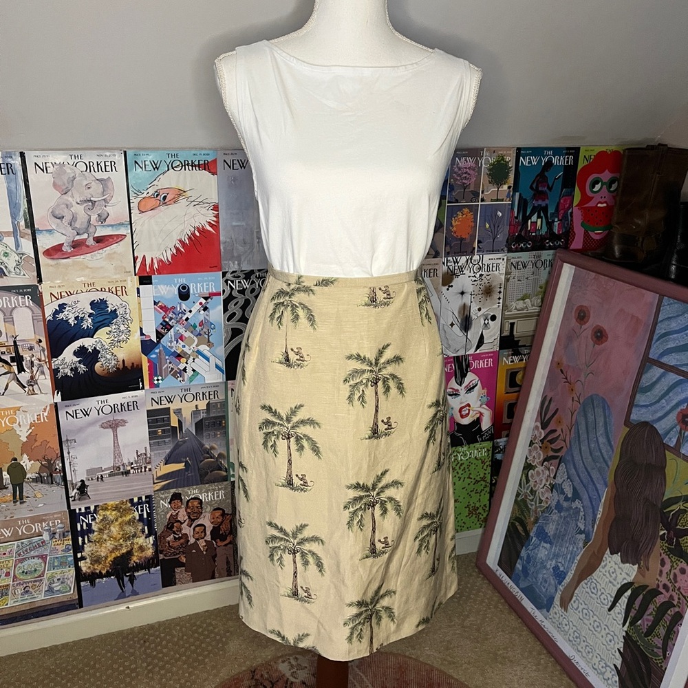 Talbots Beige Pencil Skirt with Green Palm Print
